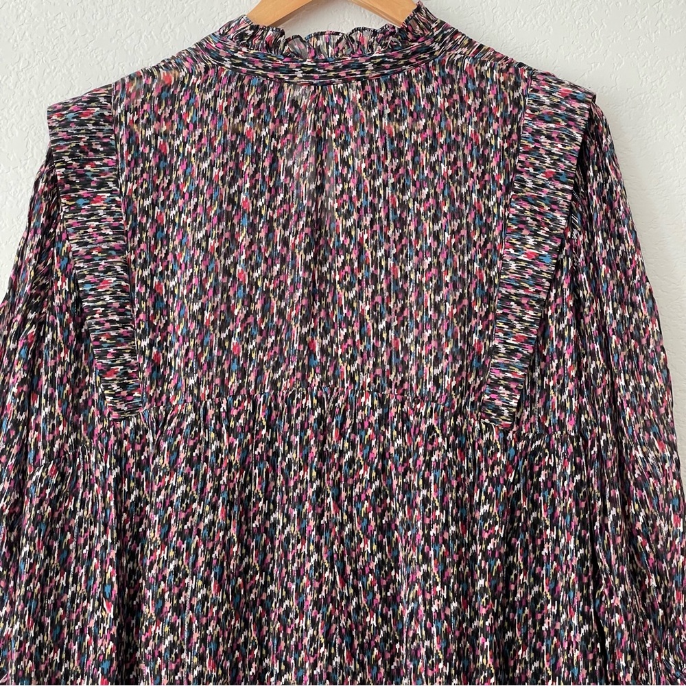 Ba&sh Dress Robe Deep Abstract Print Silk Metallic Blouson Sleeve Tuckernuck - Picture 6 of 11